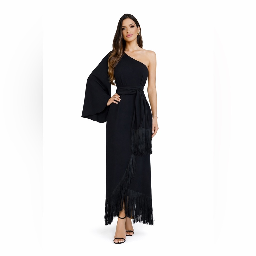 Black One-Shoulder Fringe Evening Dress • Size Medium